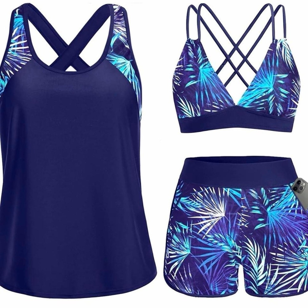 Daci Womens Navy Purple Leaf Print Tankini Swimsuit Boy Shorts 3 Piece XL New